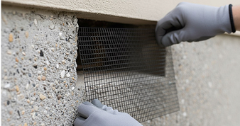 侵入口を金網で塞ぎ再発を防止する作業